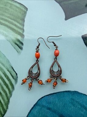 Artisan Boho Teardrop Dangle Earrings with Orange Jade Beads